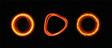 Ateş çemberi ve alevli ve parıltılı sihirli geçit. Parlak ışık saçan neon halka çerçeve ya da kapının gerçekçi vektör çizimi. Şeffaf arkaplanda turuncu alev enerji halkası.