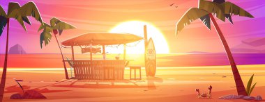 Tiki bar ve sörf tahtası deniz kumsalında, gün batımında palmiye ağaçları. Çizgi film gündoğumu yaz okyanus manzarası çatılı bambu bungalovlu. Kokteylleri ve meyve içecekleri olan Hawaii Kafesi.