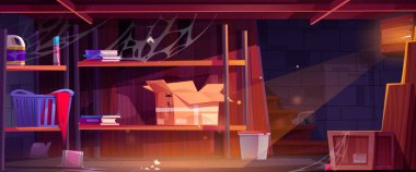 Terk edilmiş bodrum odası içi. Raflarda toz ve örümcek ağı olan eski mahzenin veya garajın vektör çizimi kitaplar, kutular, plastik şişeler yere ve merdivenlere dökülen sıvı madde.