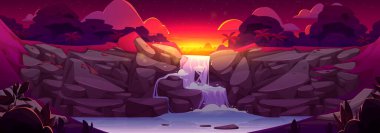 Gündoğumunda orman şelalesi manzarası. Dağ taşından dökülen nehrin vektör karikatür çizimi, egzotik tropikal manzara, tepedeki palmiye ağaçları, ufuktaki turuncu ve pembe güneş ışığı