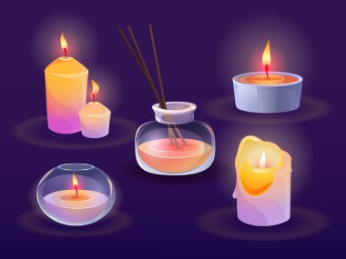 Aroma mumları yakıyor ve kokuyu yayıyor. Cam kavanozda aromaterapi ve parfümlü kapta aromaterapi için mum ışığı çizgi film vektörü çizimi