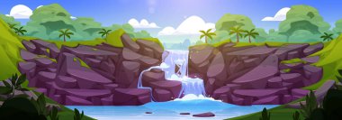 Orman şelalesi manzarası. Dağ taşından dökülen nehrin vektör çizimi, egzotik tropikal manzara, palmiye ağaçları ve bitkiler, tepedeki yeşil çimenler, bulutlu güneşli mavi gökyüzü.