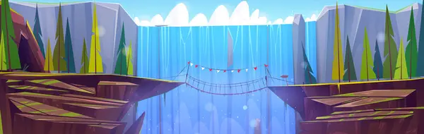Hängeseilbrücke Den Bergen Mit Wasserfall Vector Cartoon Illustration Der Felsigen — Stockvektor