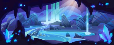 Underground cave with river or lake, waterfall and gemstone crystals in rocky walls. Cartoon deep landscape with view through entrance or hole in stone cavern on water under rays of moonlight. clipart