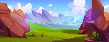 Yaz dağı vadisi manzarası. Yeşil çimenler ve çatlak taşlarla kaplı tarih öncesi manzaranın vektör çizimi, yerdeki kayaların gölgeleri, mavi güneşli gökyüzündeki bulutlar, kanyon arka planı