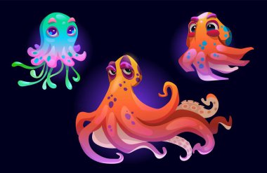 Ahtapot ve denizanası çizgi film karakterleri. Su altı, okyanus ya da dokunaçlı akvaryum hayvanlarından oluşan şirin bir vektör koleksiyonu. Yüzen çocuksu sevimli tropikal deniz sakini komik suratlı