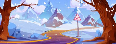 Snowy mountain landscape with winding road. Vector cartoon illustration of curvy serpentine highway with blizzard, piles of snow on roadside hills, warning traffic sign, old trees, winter scenery clipart