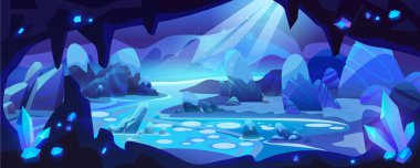 Yeraltı mağarası, nehir ya da göl, şelale ve taş gibi duvarları olan değerli kristaller. Ay ışığı altında, taş mağaranın girişine ya da deliğine bakan derin manzaralı karikatür..