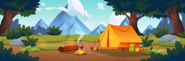 Camping with tent and fire in forest near mountain foot. Cartoon vector summer landscape with log as seat place, bowler under campfire tourist backpack near shelter during outdoor adventure. clipart