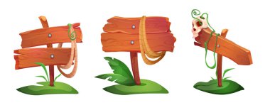 Beyaz arka planda izole edilmiş ahşap tabelalar. Eski yön tahtalarının vektör karikatür çizimi, ipli rustik isim levhaları, yeşil bitki yaprakları, insan kafatası, macera oyunu unsurları