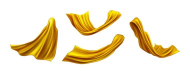 Gerçekçi altın pelerinli süper kahraman farklı pozisyonlarda rüzgar altında havada süzülüyor. Kumaş manto ya da ipek atkı seti. Rüzgârlı altın perdeler ya da kırışıklıkları olan örtüler..