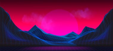 Şebeke dağı ve neon pembe günbatımı ile sentetik dalga arka planı. 80 'lerin tarzında yeni retro dalga arkaplanının gerçekçi vektör çizimi. Soyut kablo geometrik tepeler güneşli manzaralar.