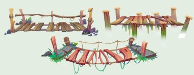 Eski köprüyü iplerle, taşlarla ve yeşil çimlerle dizayn etmek. Çizgi film temsili ahşap süspansiyon seti tehlikeli riskli yaya köprüsü uçurumun kenarında geriliyor..