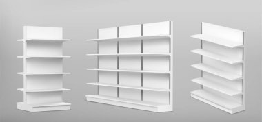 Ürün sergisi için rafları olan boş bir süpermarket modeli. Kitaplığın gerçekçi 3d vektör illüstrasyon seti farklı açılarda duruyor. Mağaza promosyon ekipmanlarının boş maketi.