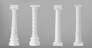 Beyaz çamurdan yapılmış antik Roma sütunu. Tapınak binasının Yunan taş sütununun gerçekçi 3D vektör çizimi. Tarihi yapı dekoratif ön cephe tasarımı için antik mermer sütun..