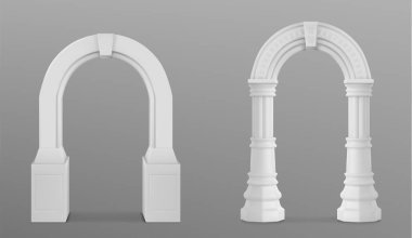 Süslü beyaz çamurdan yapılmış antik Roma kemeri. Tapınak kapısı ya da pencere dekorunun Yunan taş sütununun gerçekçi 3D vektör çizimi. Antika klasik mimari kemer yolu.