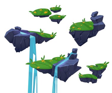 Yeşil çimenler, çiçekler ve şelaleyle atlamak için kayalık adalarda yüzen bir harita oyunu. Su akışlı hayali uçan taş platformunun çizgi film çizimi. Video oyunu zemin bitleri.