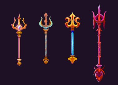 Kara arka planda izole edilmiş sihirli mızraklar. Altın mızrak çatallarının vektör çizimi değerli taşlarla süslenmiş, oyun sırasındaki varlık, pozeidon güç sembolü, denizcilik silahı, ui tasarım elementleri