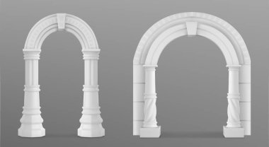 Süslü beyaz çamurdan yapılmış antik Roma kemeri. Tapınak kapısı ya da pencere dekorunun Yunan taş sütununun gerçekçi 3D vektör çizimi. Antika klasik mimari kemer yolu.