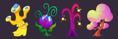 Oyun için fantezi uzaylı bitkileri. Çizgi film vektör illüstrasyon seti sevimli sihirli çiçekler ve ağaçlar peri kurgusal dünya dışı orman yaratımı için. Harikalar Diyarı 'nın muhteşem yaratığı.