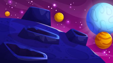 Uzaylı gezegen yüzeyinde derin kozmosun arka planında kraterler ve uzay cisimleri var. Kozmik manzaranın karikatür vektör çizimi. Keşif konsepti için fantezi evren nesne manzarası.