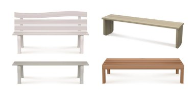 Beyaz arka planda izole edilmiş 3 boyutlu ahşap banklar. Şehir parkı mobilyalarının beyaz, gri, kahverengi ahşap, kamu bahçesi ya da kasaba sokak tasarım elementlerinden oluşan vektör çizimi