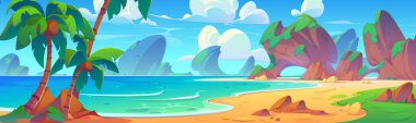 Summer tropical lagoon landscape with calm sea or ocean water, beach with sand, stone and palm trees with coconuts, rocky mountains and blue sky with clouds. Cartoon vector empty shore scenery. clipart