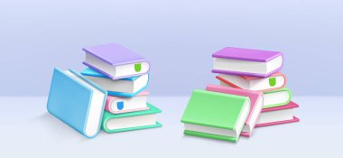 Kâğıt yığınları. Renkli ciltli ders kitapları yığınları, beyaz sayfalar ve okul eğitimi ve okuma konsepti için işaretleyiciler içeren gerçekçi 3d vektör illüstrasyon seti. Yakın edebiyat kulesi.
