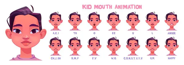 Kid Girl Mouth Animation Kit Cartoon Vector Illustration Set Female — Stock Vector