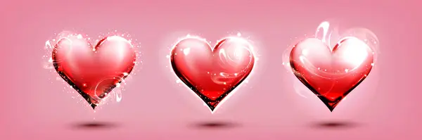 ピンクの背景に隔離されたガラスハート形のクリスタルの3Dセット 光沢のある表面と輝く霧 バレンタインデーの装飾 貴重な宝石と赤い愛のシンボルのベクトル現実的なイラスト — ストックベクタ