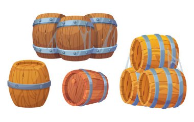 Old wooden barrels with metallic rings for wine and whiskey making, gunpowder and tnt storage. Cartoon vector illustration set of old wood keg. Vintage standing and lying cask stacked and single. clipart