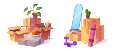 Yeni eve taşınmak ve taşınmak için ev eşyalarıyla dolu bir kutu. Karton paketlerin karikatür vektör seti içinde teslim edilecek eşyalar veya garajda depolanacak eşyalar var. İçinde bir sürü şey olan karton kutu..