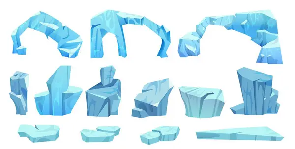 アイスバーグの作品とアーチフローティング 青い氷と雪氷山のキューブの漫画ベクターイラストセット 北極風景デザインのためのフローのコレクション 北極冷凍水ブロック — ストックベクタ