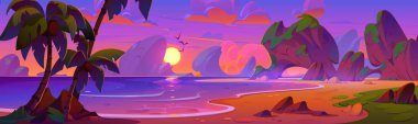 Günbatımında ya da gündoğumunda tropik göl manzarası. Sakin deniz ya da okyanus suyu, kumlu sahil, taşlı ve hindistan cevizli palmiye ağaçları, kayalık dağlar, bulutlu pembe ve mor gökyüzü. Çizgi film vektörü.