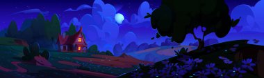 Papatya çiçekleri, ateş böceği ve tek bir kırsal evin pencerelerindeki ışıklarla dolu çayır manzarası geceleri tepenin üzerinde durur. Çizgi film baharı ya da yaz alacakaranlık manzarası Çiçekler ve ağaçlar tarlada.
