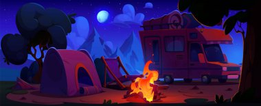 Kamp yeri, üzerinde bagaj olan karavan, çadır, şezlong ve ormanda gece vakti ay ışığı altında kamp ateşi. Açık hava tatili sırasında karavanla karikatür yaz alacakaranlık sahnesi..