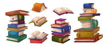 Kitap yığını ve bekar, karikatür vektör illüstrasyon setinde kapalı ve açık. Kağıt sayfalı uzun ve küçük edebiyat yığını, renkli ciltli ve eğitim ve okuma konsepti için yer imleri.