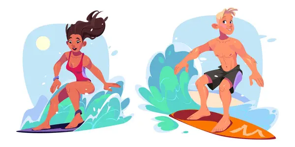 Young people surfing on beach isolated on white background. Vector cartoon illustration of attractive girl in bikini and muscular guy riding surf board, sea water splashes, summer sports activity