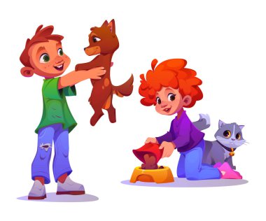 Beyaz arka planda kedi ve köpeklerle oynayan çocuklar. Küçük kızın pofuduk kediyi beslediği, tatlı bir oğlanın köpek yavrusuyla oynadığı, hayvan evlat edindiği, aile sevgisi, özen gösterdiği vektör çizgi film çizimi.