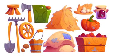 Sebze çiftliği tasarımı beyaz arka planda izole edildi. Kabak, patates kovası, ahşap sandık, yumurta, cam kavanoz reçel, tarım aletleri, saman yığını.