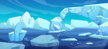 Buz dağları okyanus ya da denizde, kutup manzarası. Buzul kar dağı ve suda yüzen buz blokları olan mavi kutup manzarasının çizgi film vektör çizimi. Yüzeyle soğuk kuzey ufku.
