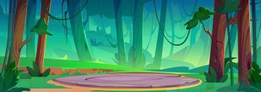 Summer forest landscape with ground or stone place for camping. Magic game portal platform for level relocation. Cartoon vector countryside scenery with green trees and grass, round teleport area. clipart