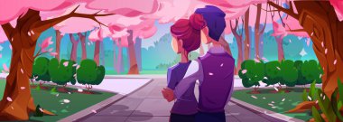 Baharda Japon parkında pembe çiçekli sakura ağaçları olan genç bir çift. Şehir bahçesinde çiçekli kirazla dikilen adamın kadına sarılışının karikatür vektör çizimi.