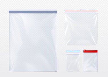 Fermuarlı plastik torba. Fermuarlı şeffaf boş kese için gerçekçi vektör illüstrasyon seti. Naylon kese cebinde. Yiyecek veya şeker depolama için kilitli vinil paket.