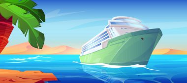 Cruise ship in ocean water near beach cartoon background. Sea and vacation liner deck in summer. Passenger boat for luxury voyage to island. Modern marine seaside scene with desert shore landscape clipart