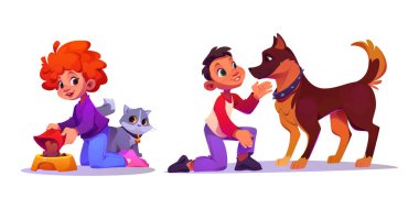 Çocuklar hayvanlarına bakarlar. Mutlu çocuklar ve evcil hayvanlar arasındaki karikatür vektör çizimi. Kız kedi klozetine yemek dolduruyor, oğlan köpeği eğitiyor. Bebek evcil hayvanla oynuyor..