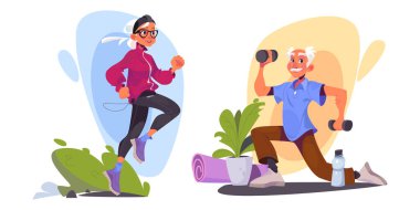 Son sınıflar spor yapıyor. Çizgi film vektör çizimi. Yaşlı kadın dışarıda koşuyor ve erkek evde ağırlıklarla egzersiz yapıyor. Aktif ve sağlıklı bir yaşam tarzı ve büyük ebeveynlerin bakımı.