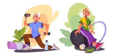 Tecrit edilmiş arka planda egzersiz yapan kıdemli insanlar. Yaşlı bir adamın evde dambıllarla spor yaptığı, yaşlı bir kadının spor salonunda spor yaptığı, emeklilik yaşında sağlıklı bir hayat sürdüğü vektör karikatürü.