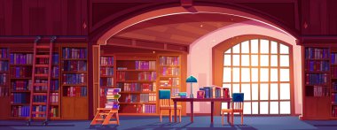 Halk kütüphanesinde raflarda bir sürü kitap, merdiven, ahşap masa, sandalye ve lamba. Okul eğitimi ya da okuma konsepti edebiyatı olan çizgi film vektörü kamu kitabevi.