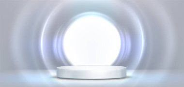 Beyaz ışık çemberi arka planında yuvarlak podyum. Fütüristik tasarım stüdyosundaki silindir şeklinin vektör gerçekçi çizimi, ürün sunumu kaidesi, duvar ışığı üzerindeki parlak ışık efekti